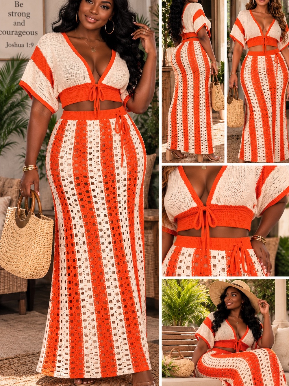 Crochet Tie-Front Two-Piece Maxi Coverup Set - Orange & White